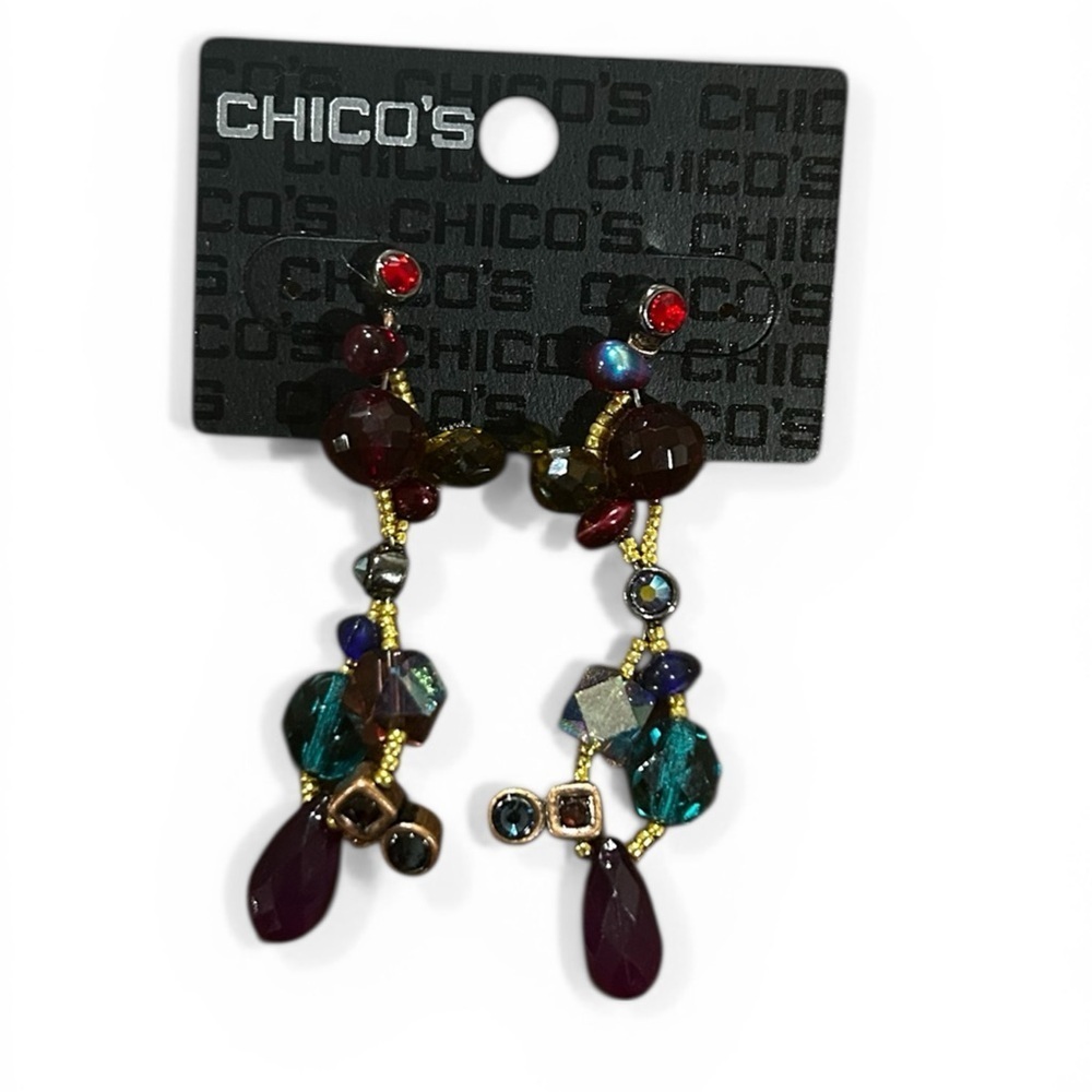 Chico’s Multicolor Beaded Dangle Earrings Boho Statement Burgundy Teal Gold Tone